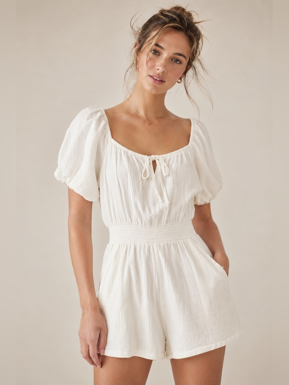 Aerie White 100% Cotton Gauze Romper Puff Sleeve Cottagecore Beach Size Small